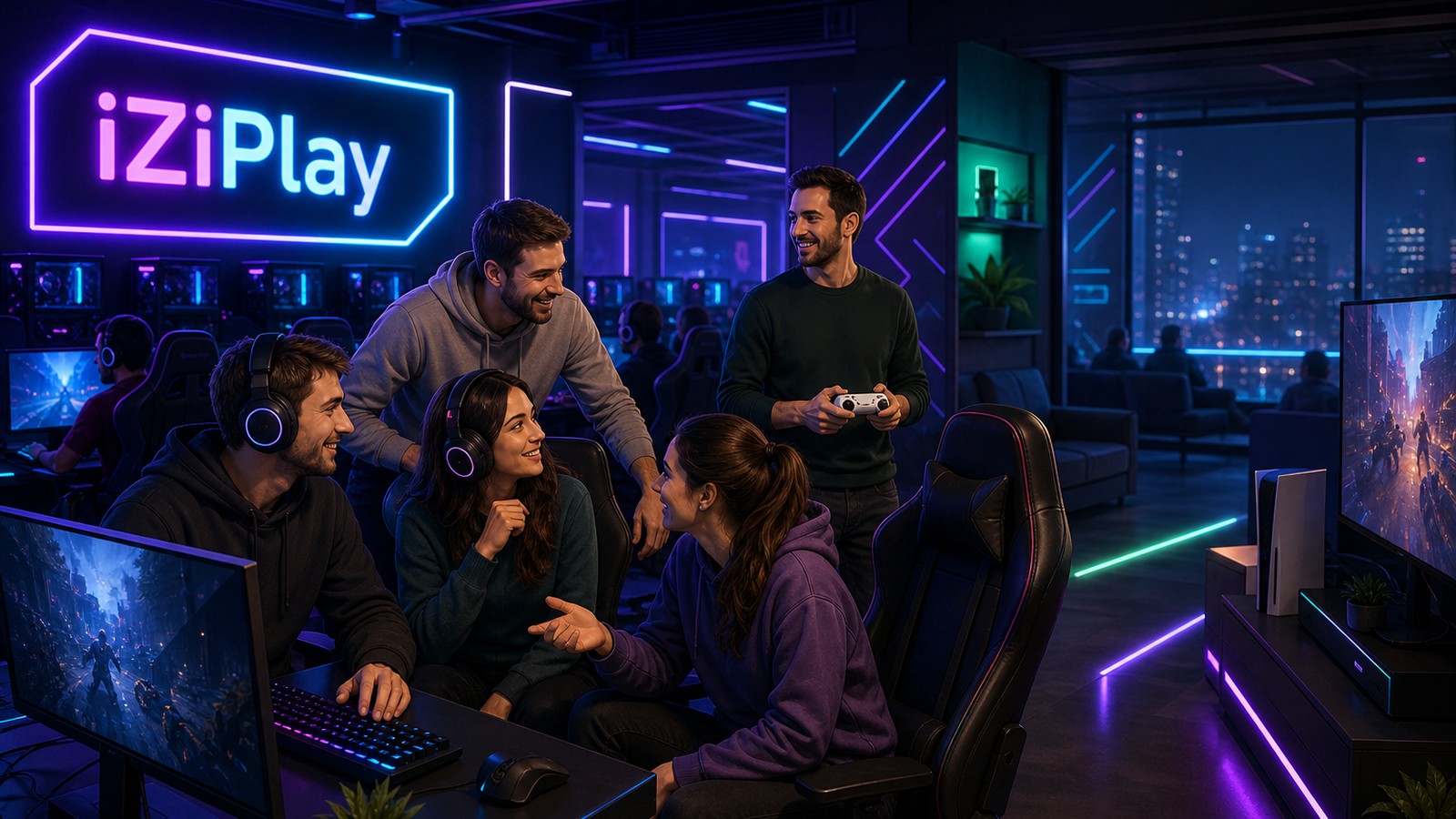 Взрослая компания друзей играет в компьютерном клубе iZiPlay