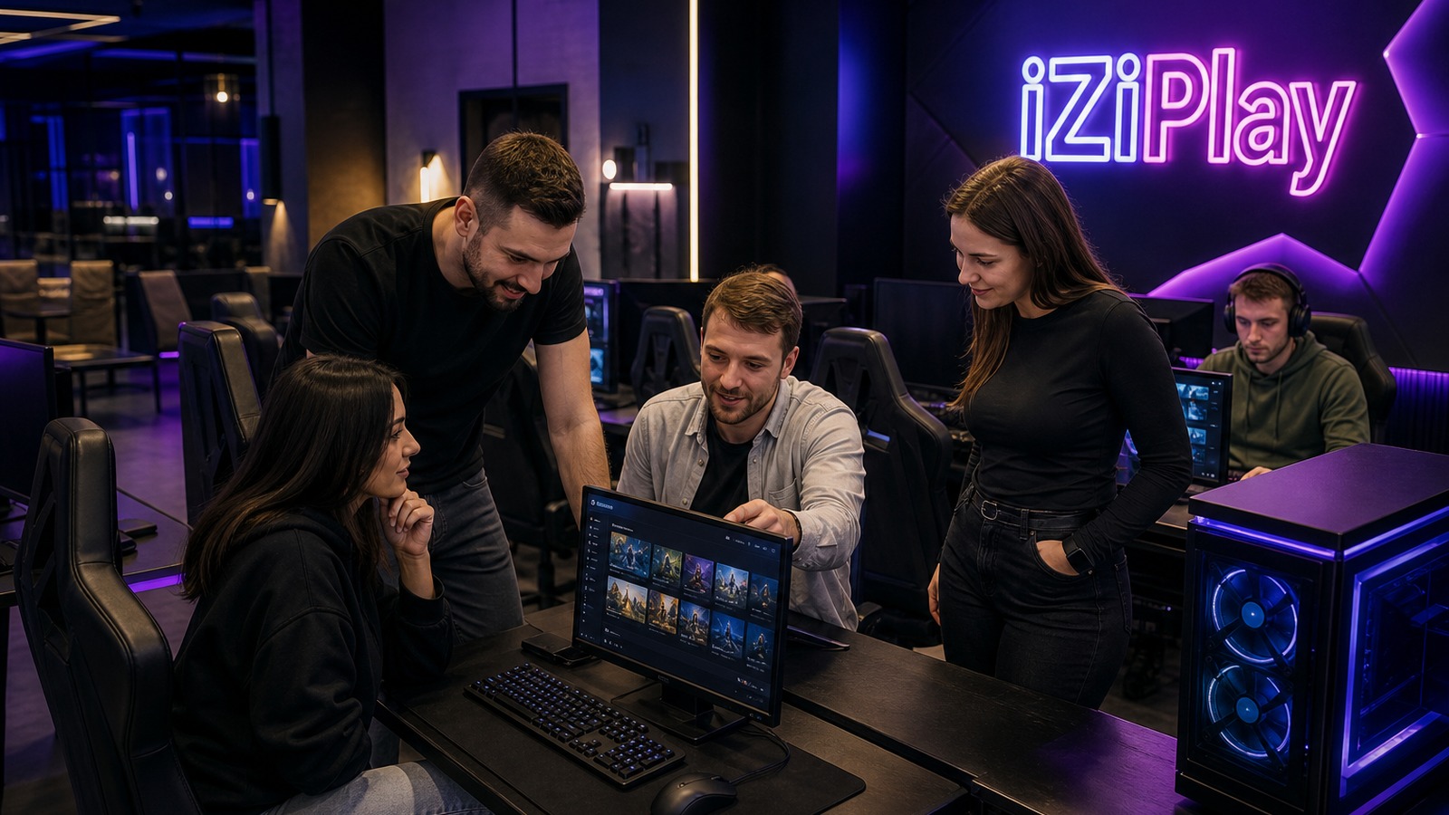 Взрослые друзья 25–35 выбирают игровые ПК в клубе iZiPlay