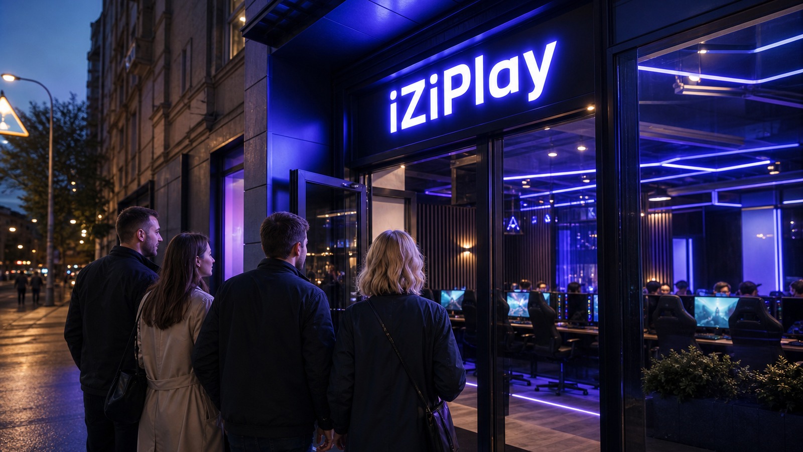 Взрослая компания 25–35 у входа в компьютерный клуб iZiPlay