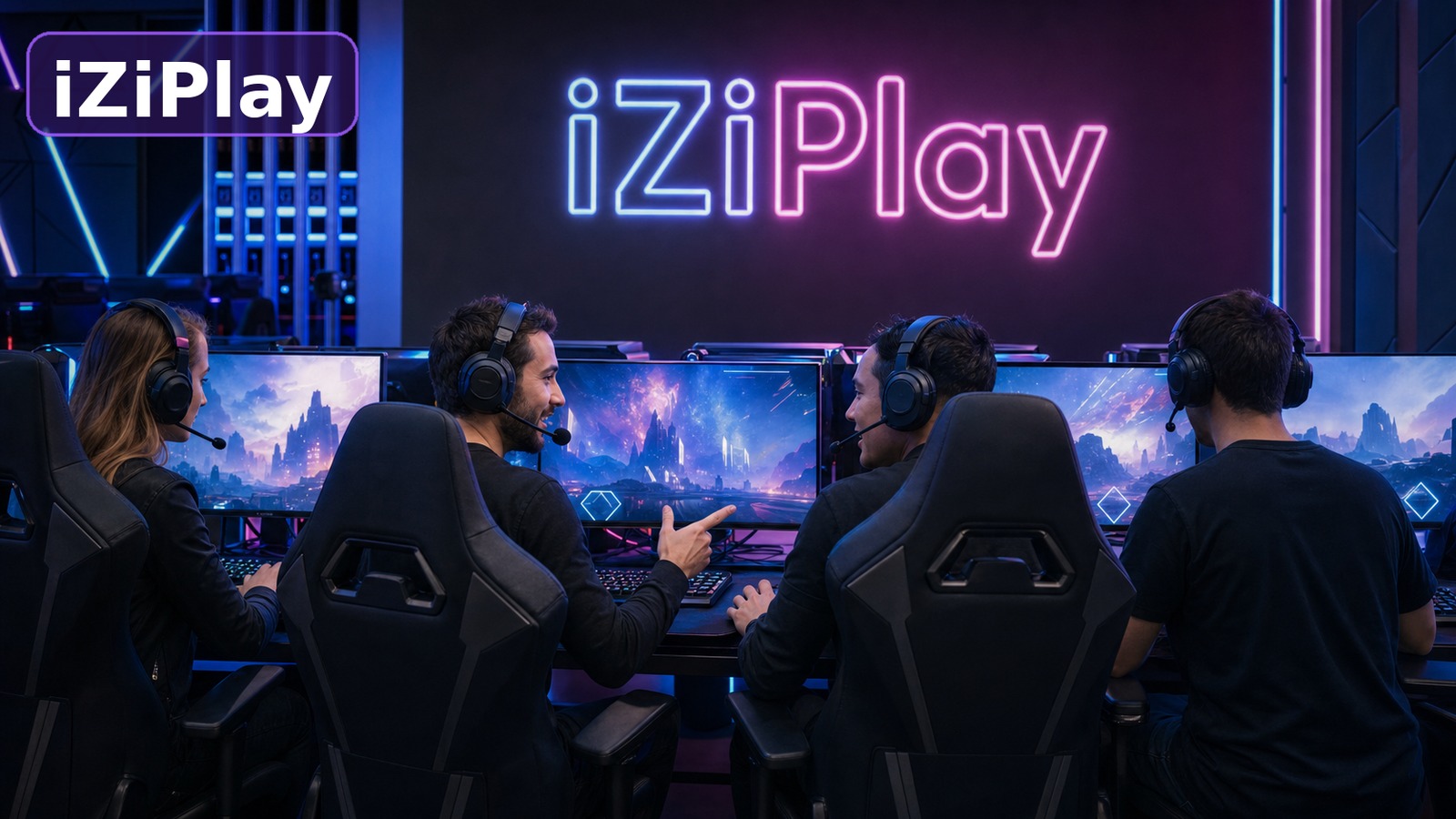Взрослая команда 25–35 играет в Apex Legends в компьютерном клубе iZiPlay