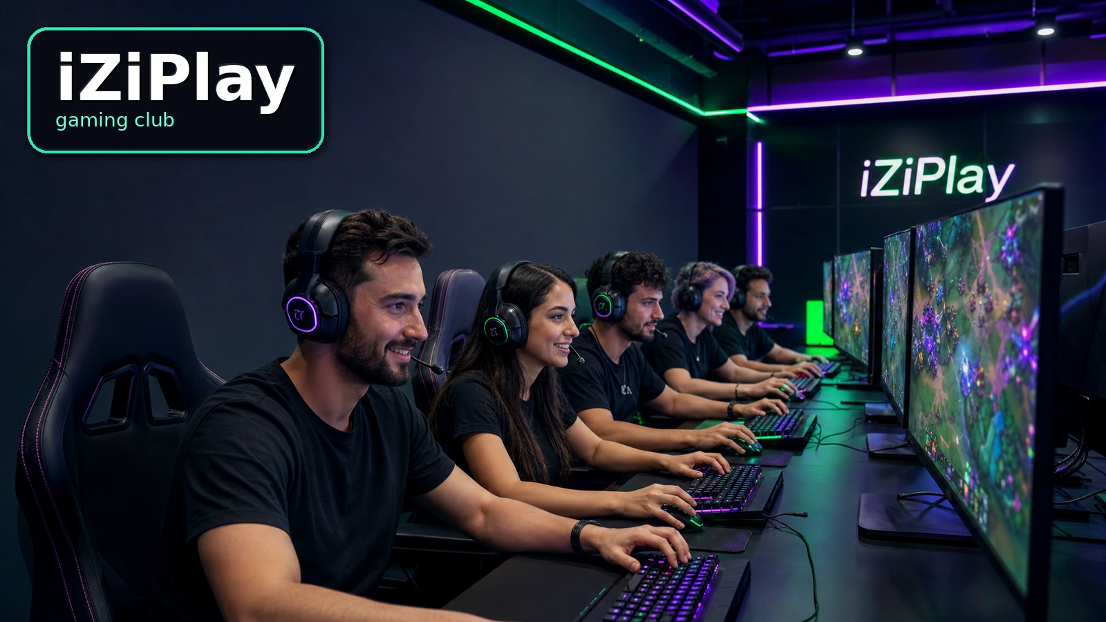 Взрослая команда 25–35 играет в Dota 2 в компьютерном клубе iZiPlay