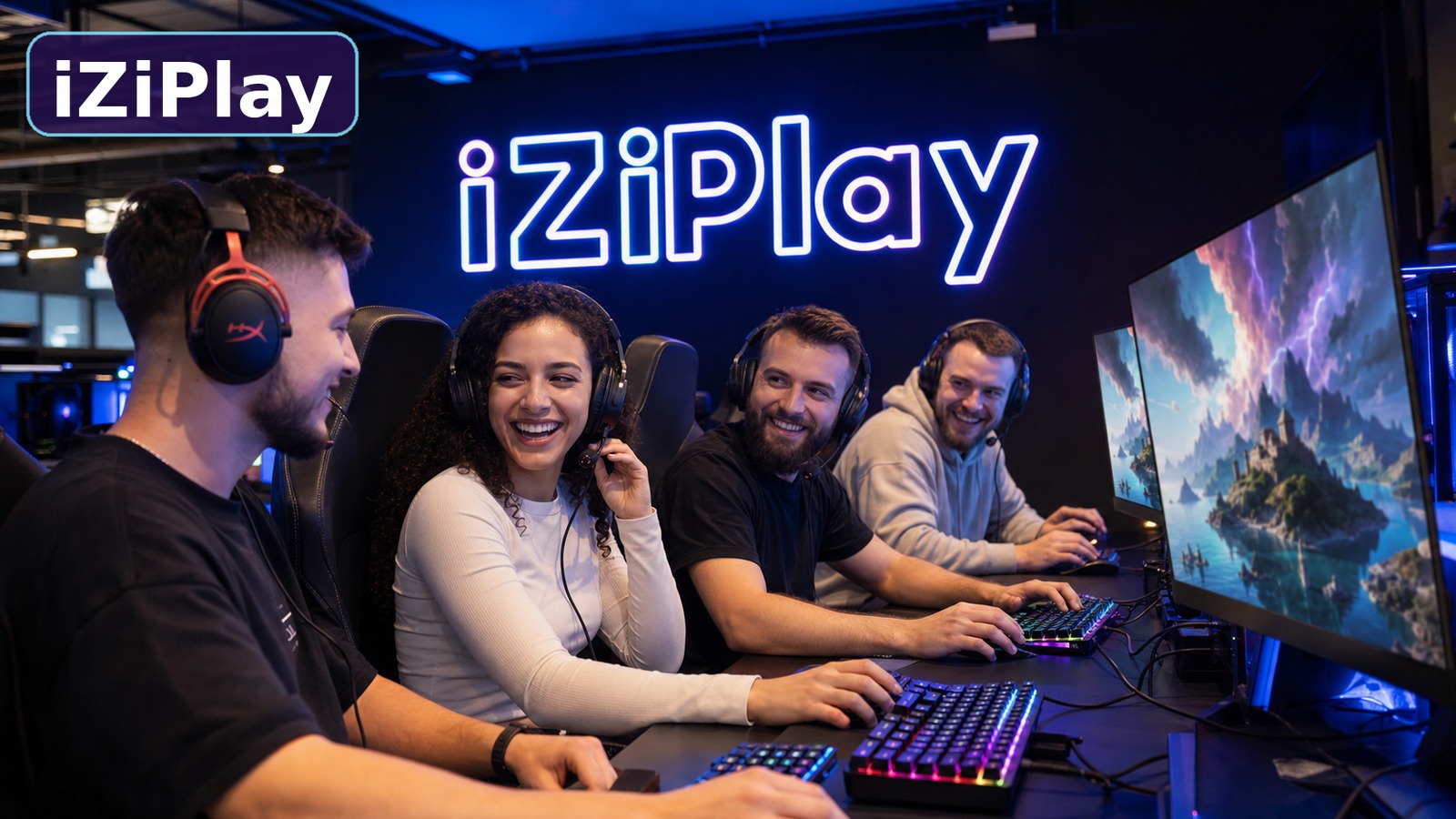 Взрослая команда 25–35 играет в Fortnite в компьютерном клубе iZiPlay