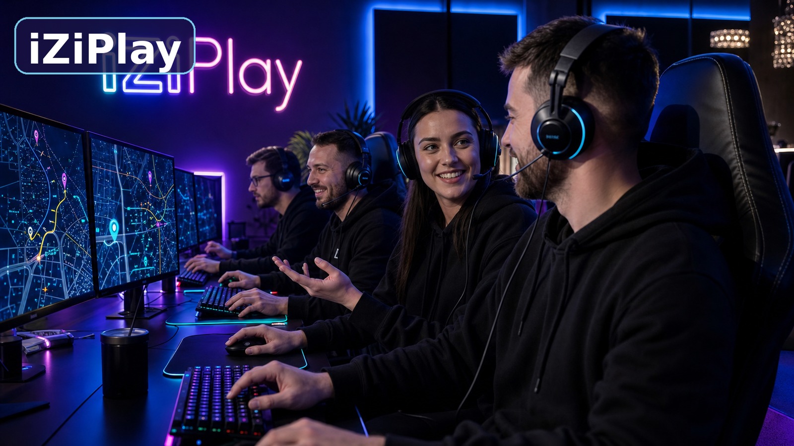 Взрослая компания 25–35 играет в GTA Online в компьютерном клубе iZiPlay
