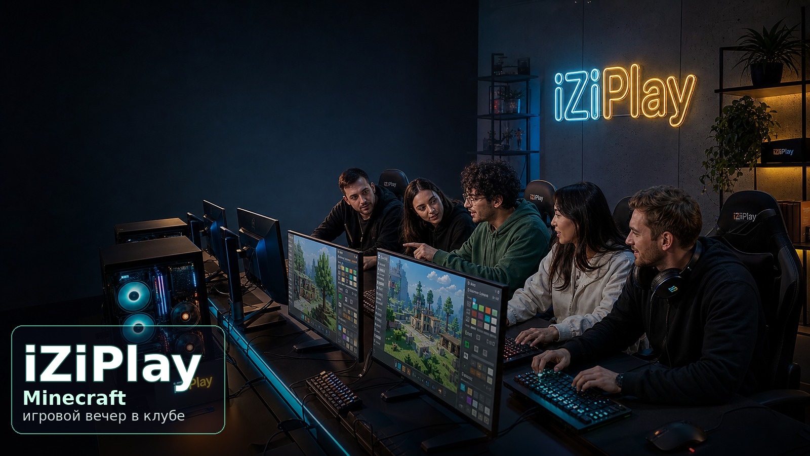 Взрослая компания 25–35 играет в Minecraft в компьютерном клубе iZiPlay