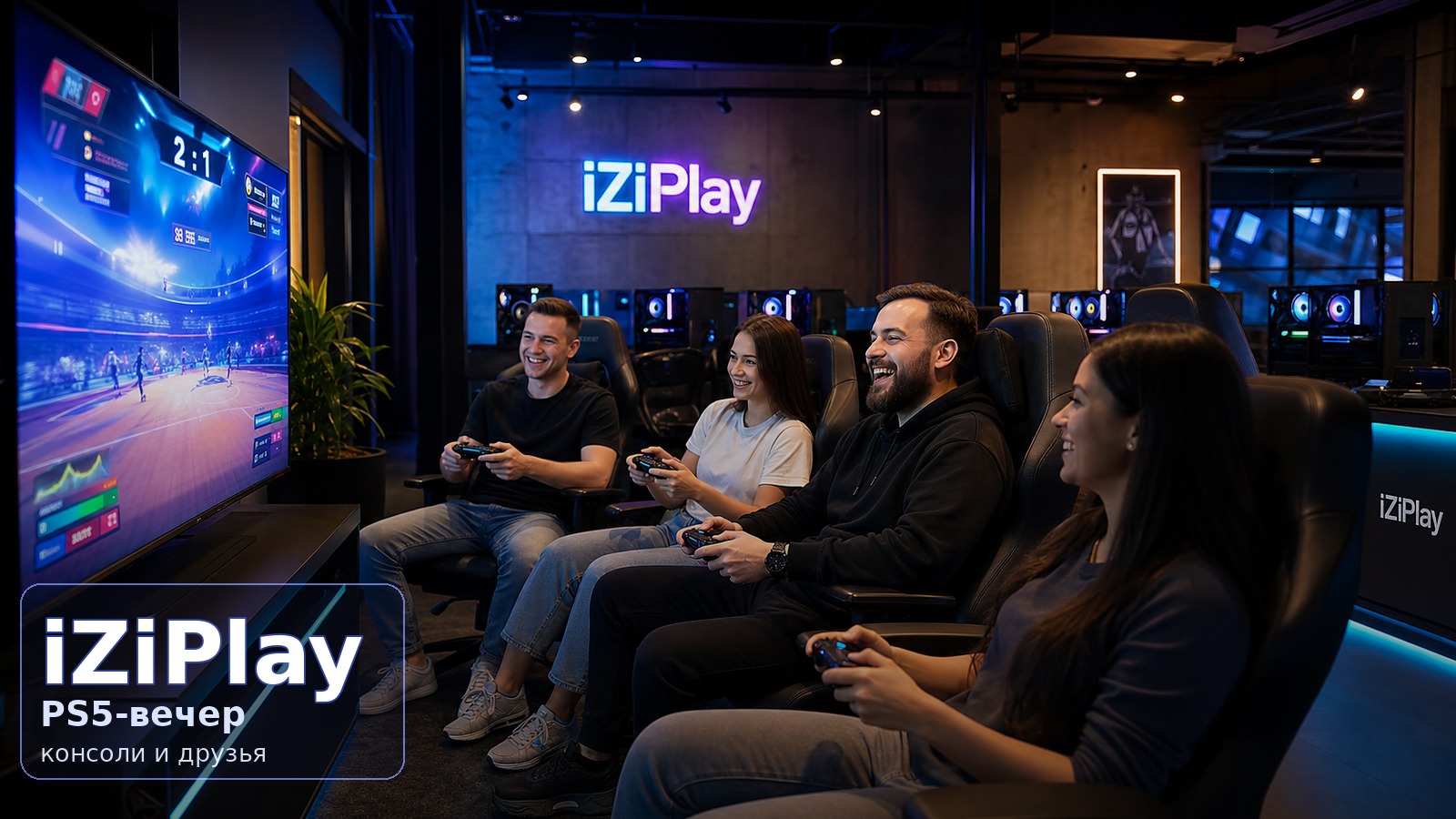 Взрослая компания 25–35 играет на консоли в компьютерном клубе iZiPlay