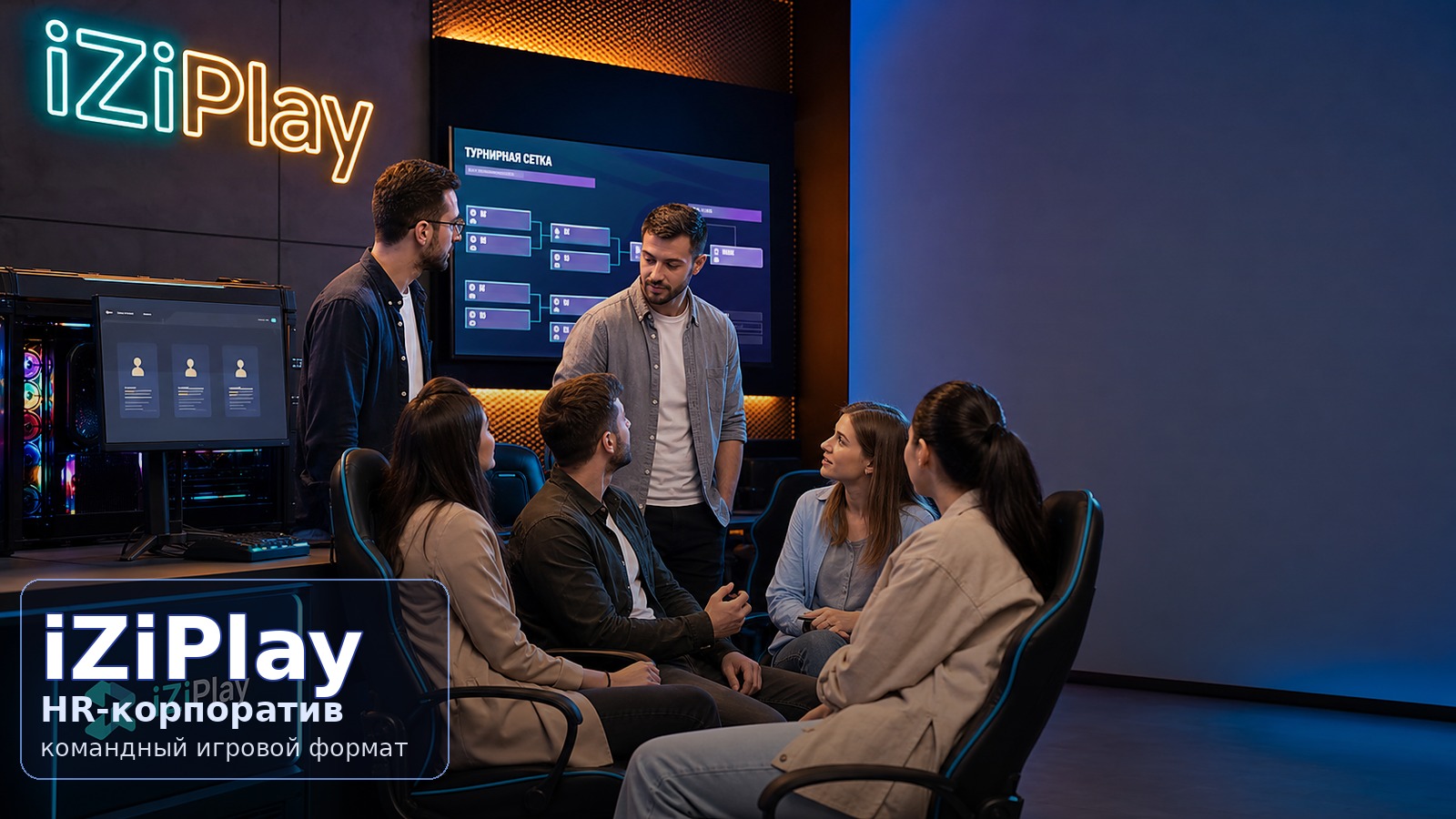 Взрослая HR-команда 25–35 обсуждает игровой корпоратив в компьютерном клубе iZiPlay