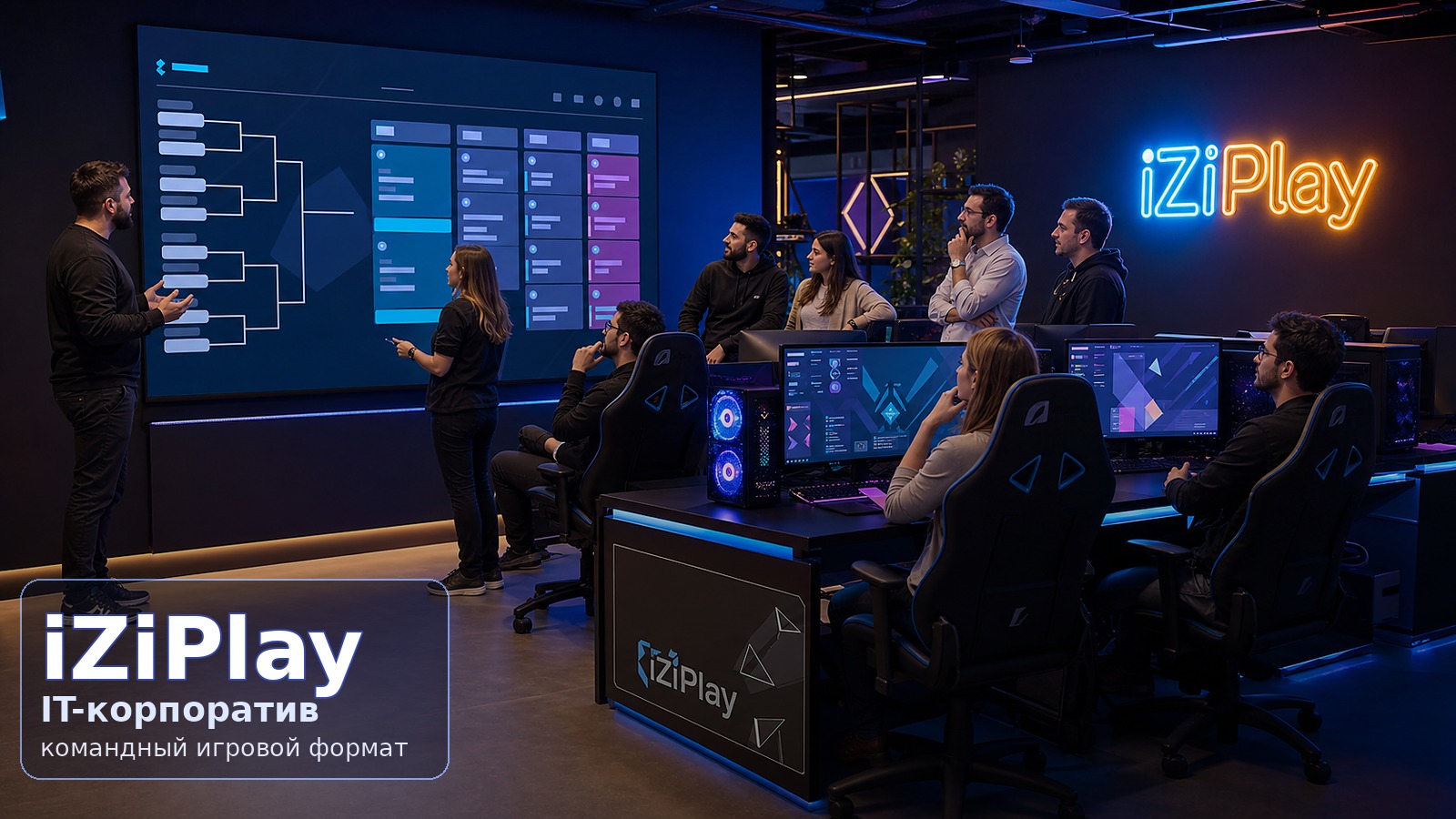 Взрослая IT-команда 25–35 обсуждает игровой корпоратив в компьютерном клубе iZiPlay