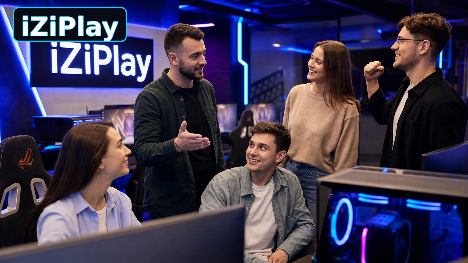 Взрослая офисная команда 25–35 проводит игровой корпоратив в компьютерном клубе iZiPlay