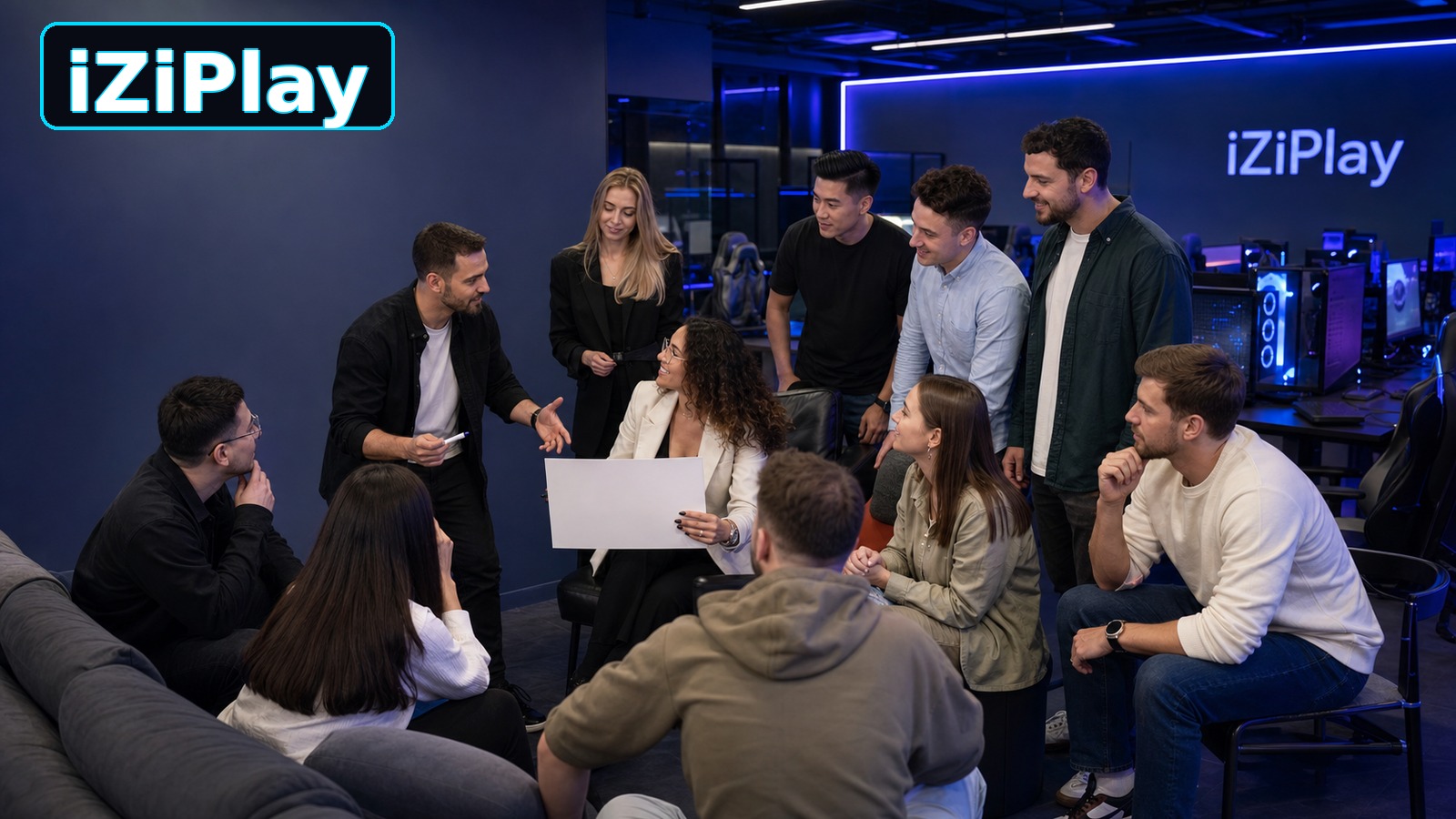 Взрослая команда 25–35 проводит небольшой игровой корпоратив в компьютерном клубе iZiPlay
