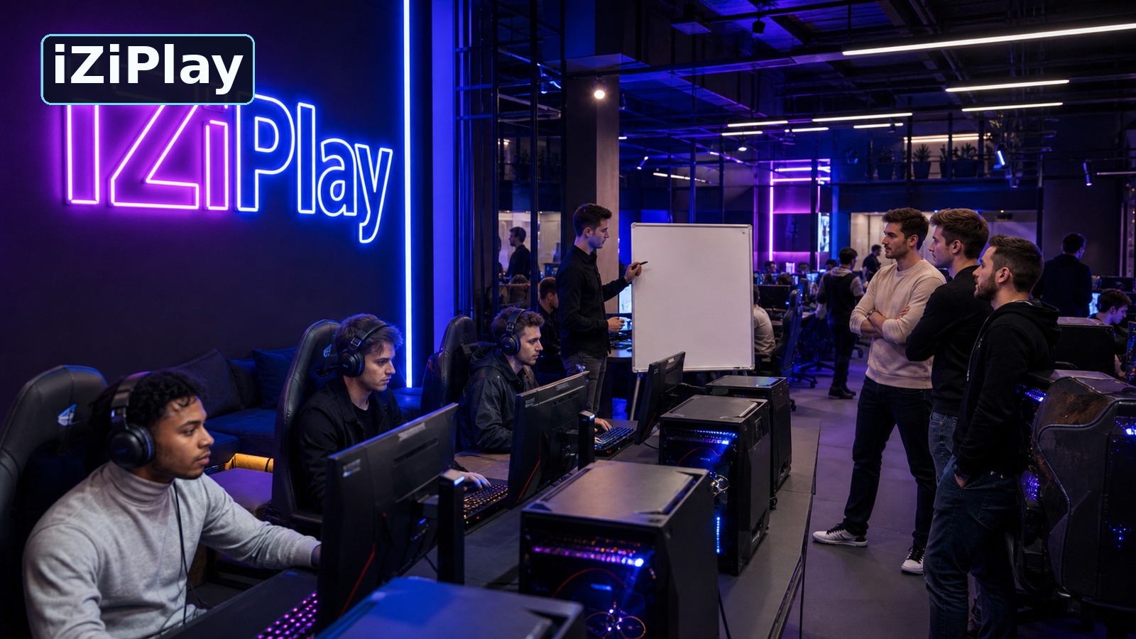 Взрослые игроки 25–35 лет проводят любительский турнир по Apex Legends в компьютерном клубе iZiPlay