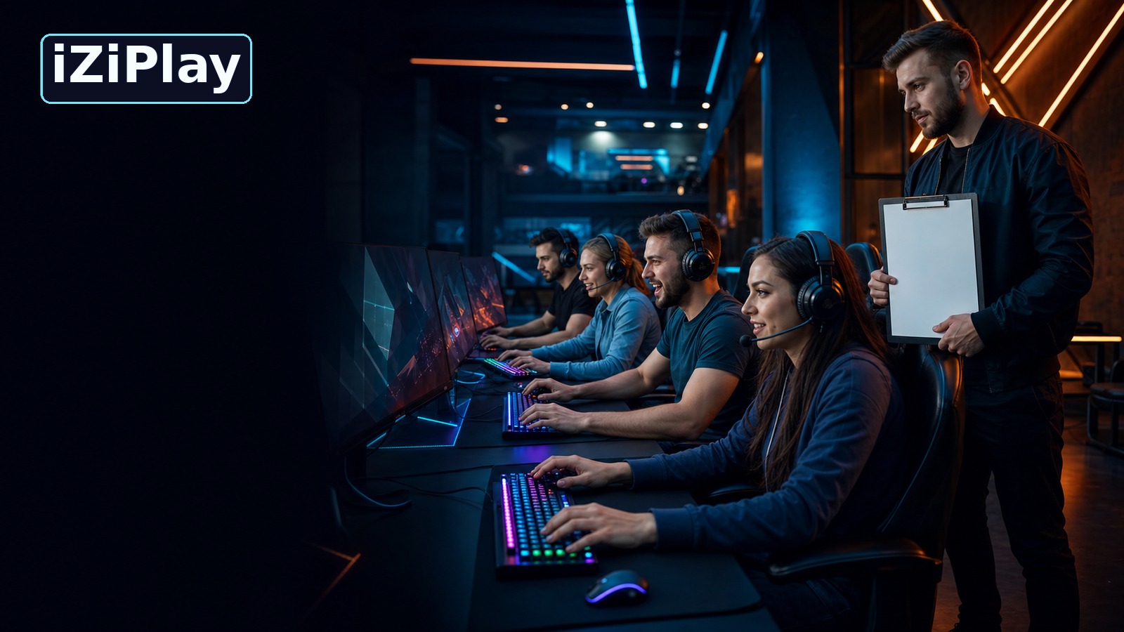 Взрослые игроки 25–35 лет участвуют в любительском турнире по CS2 в компьютерном клубе iZiPlay