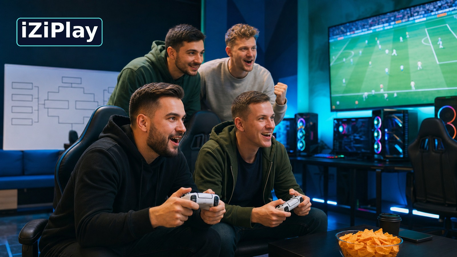 Взрослые игроки 25–35 лет проводят дружеский турнир по EA Sports FC в компьютерном клубе iZiPlay