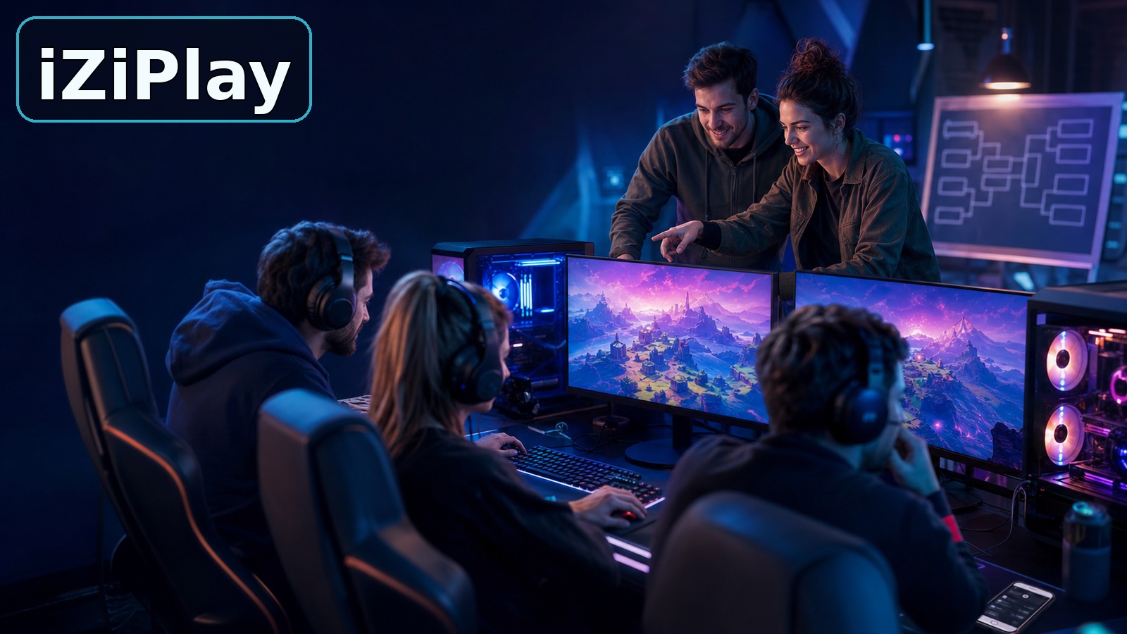 Взрослые игроки 25–35 лет проводят дружеский турнир по Fortnite в компьютерном клубе iZiPlay