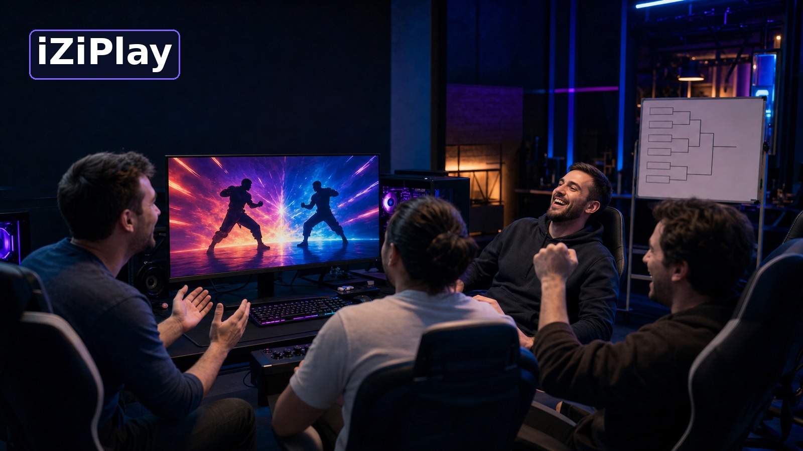 Взрослые игроки 25–35 лет проводят дружеский турнир по Mortal Kombat в компьютерном клубе iZiPlay