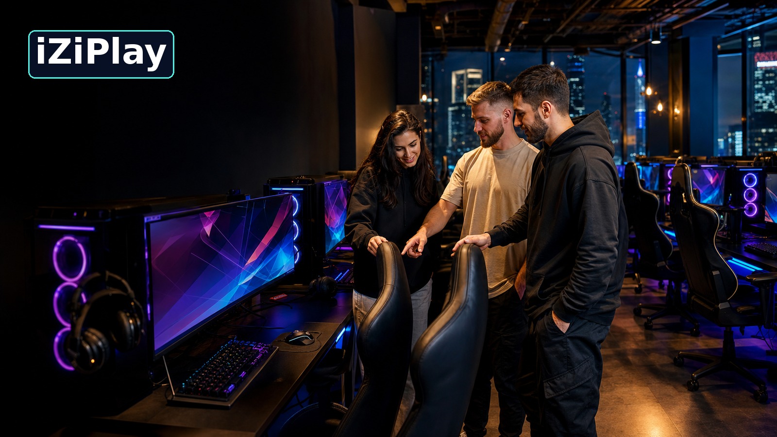 Трое взрослых 25–35 лет выбирают игровой формат в компьютерном клубе iZiPlay